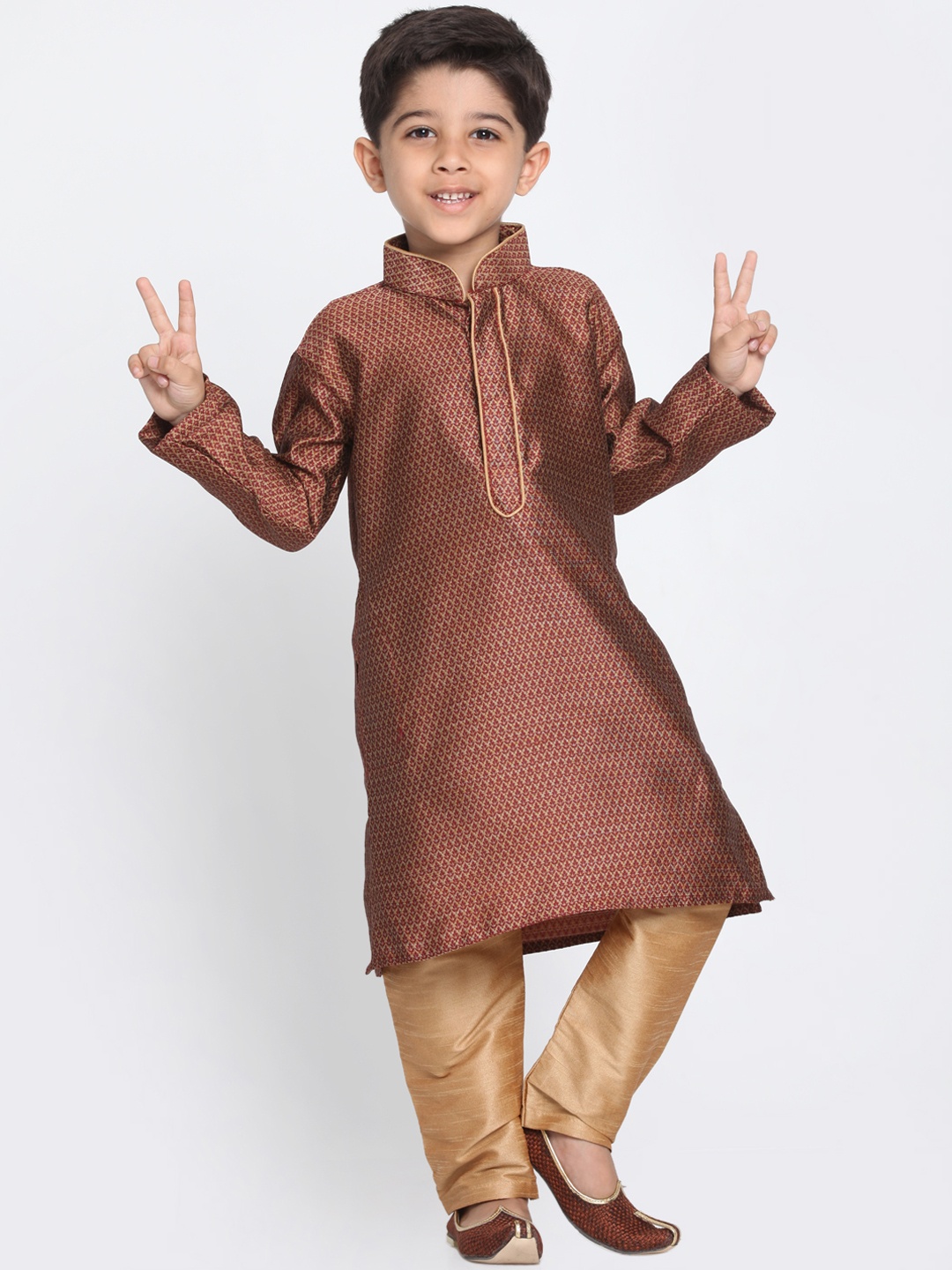 

VASTRAMAY Boys Maroon & Beige Self Design Kurta with Churidar