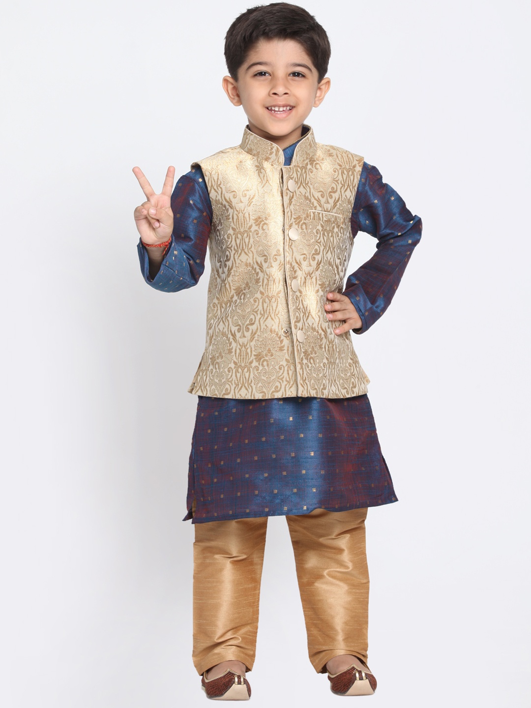 

VASTRAMAY Boys Navy Blue & Beige Self Design Kurta with Churidar & Jacket