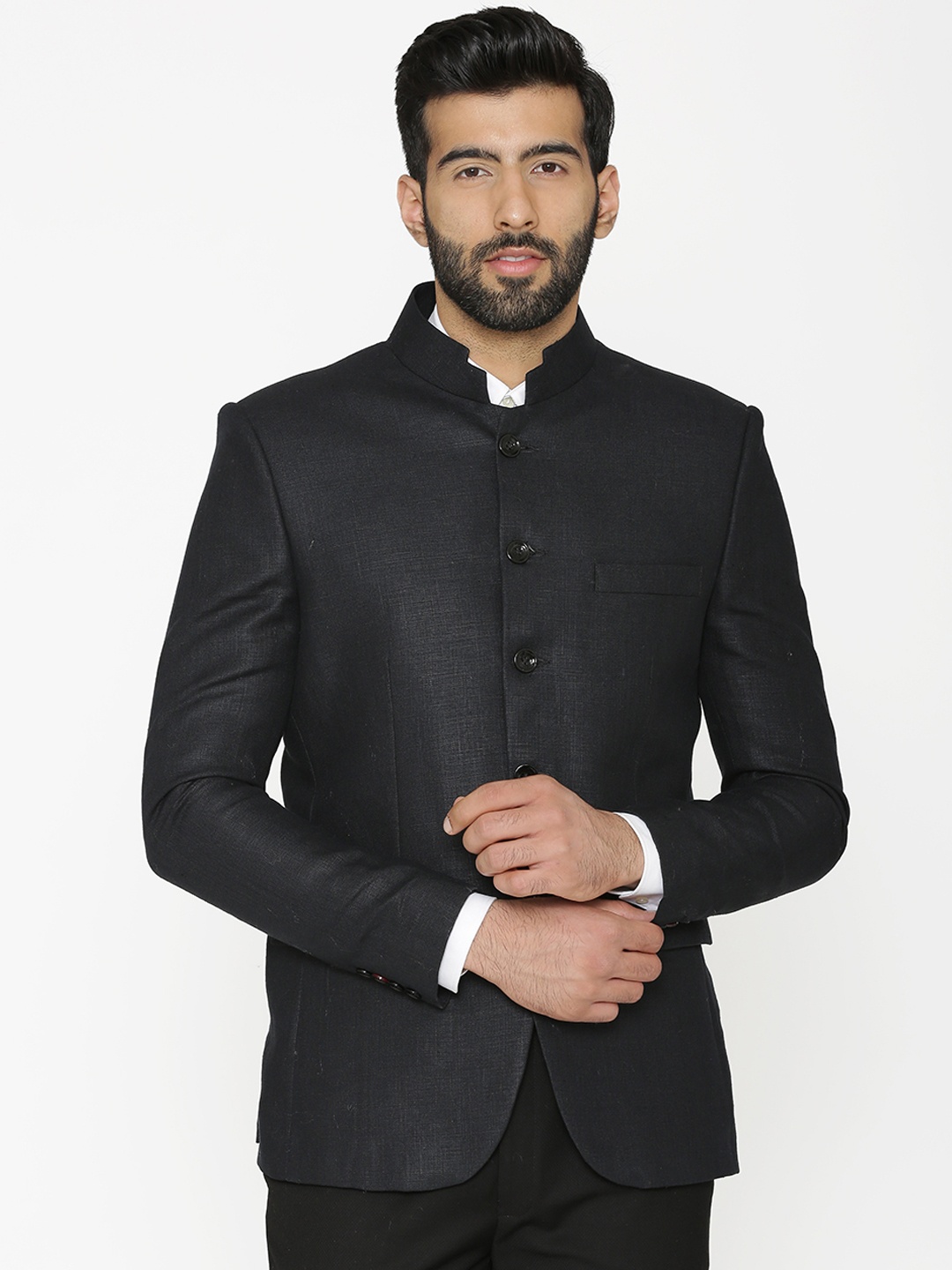 

Wintage Men Black Solid Tailored-Fit Linen Bandhgala Blazer
