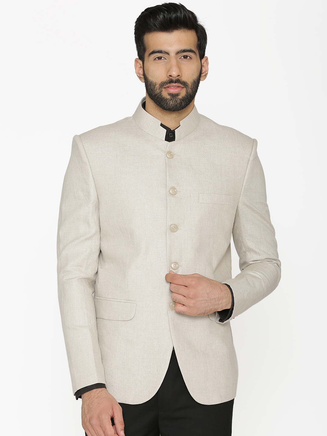 

Wintage Men Cream-Coloured Solid Tailored-Fit Linen Bandhgala Blazer