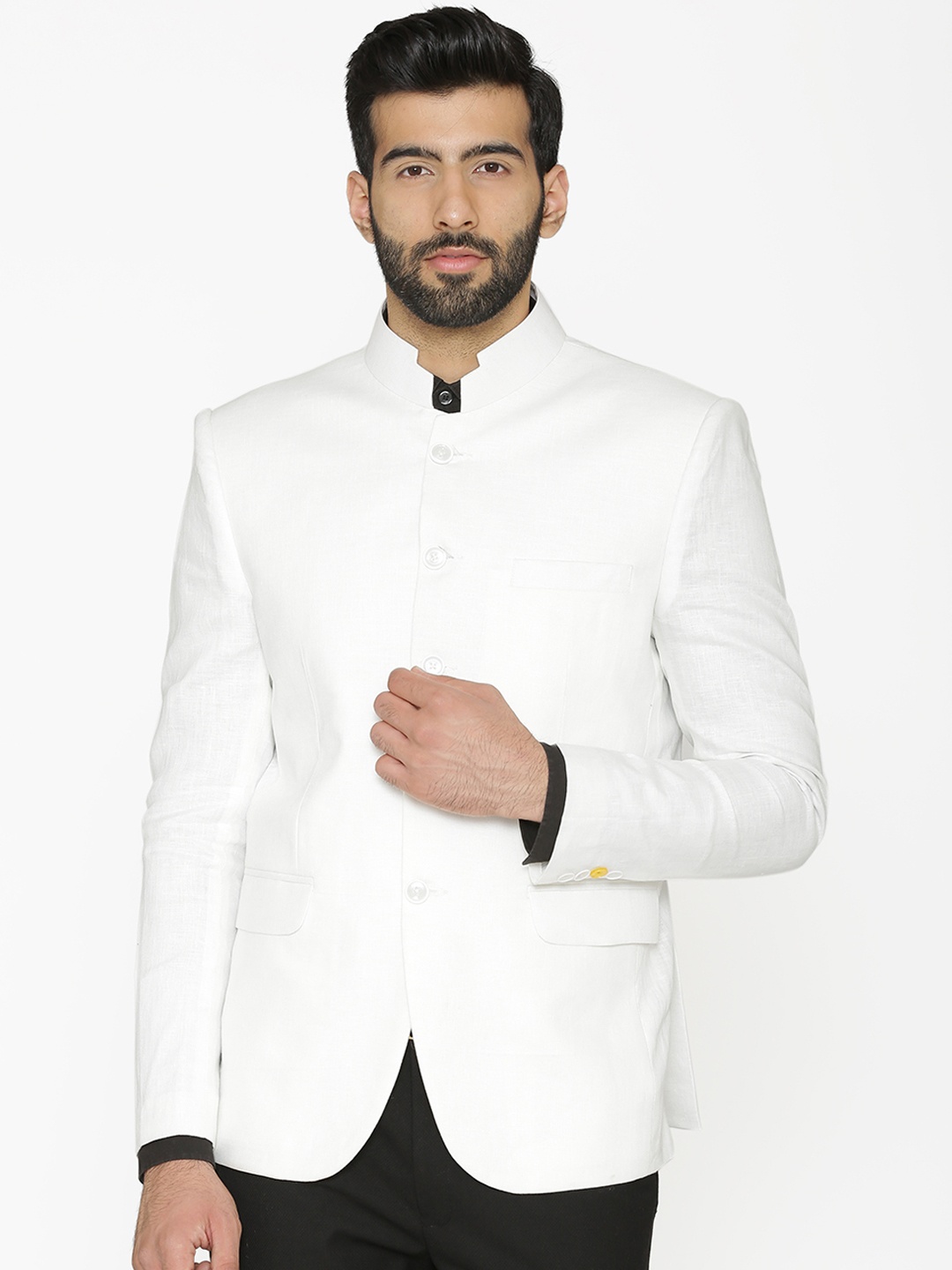 

Wintage Men White Solid Tailored-Fit Linen Bandhgala Blazer