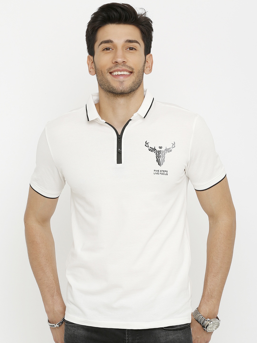 

Rex Straut Jeans Men White Solid Polo Collar T-shirt