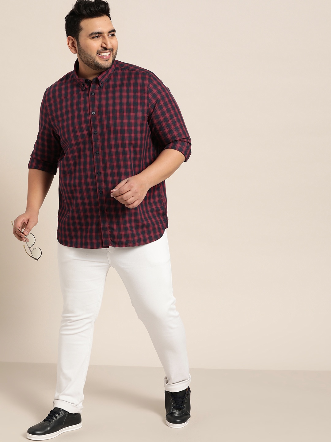 

Sztori Plus Size Men Maroon Navy Blue Regular Fit Checked Casual Shirt