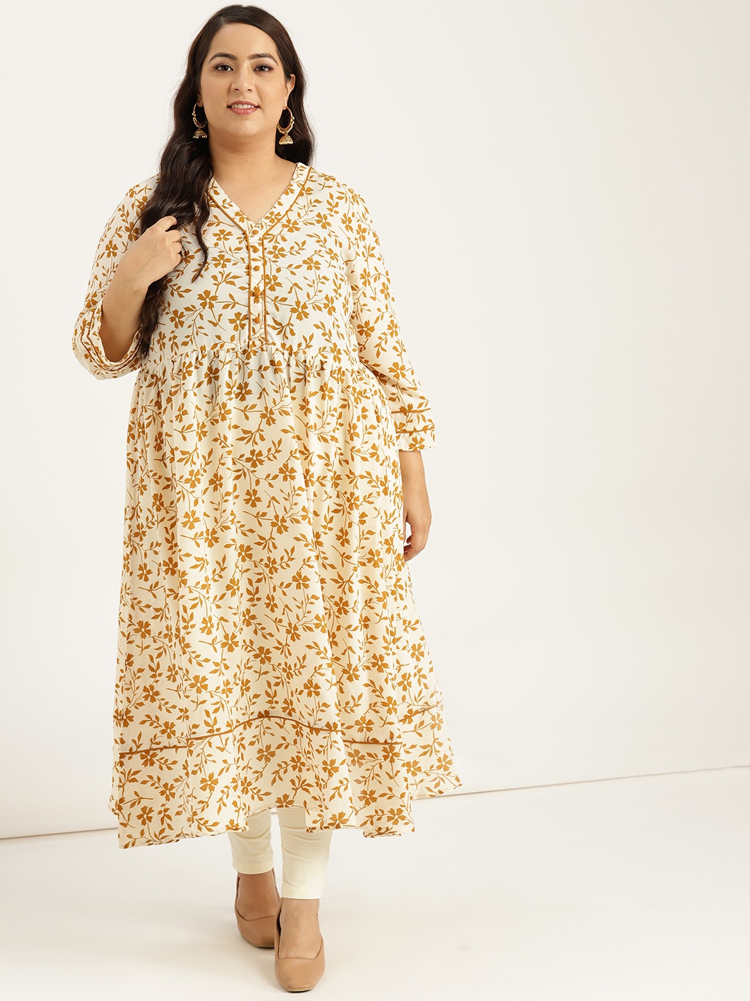 

Sztori Plus Size Women Cream-Coloured Mustard Yellow Floral Printed A-Line Kurta