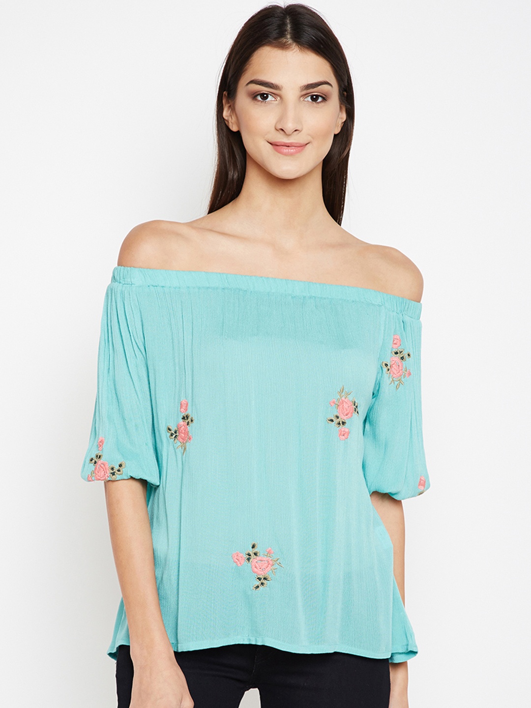 

Oxolloxo Women Green Solid Embroidered Bardot Top