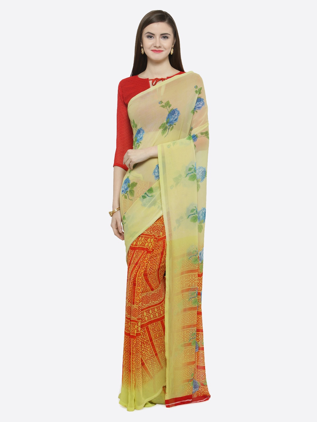 

Shaily Women Yellow & Red Pure Georgette Printed Saree