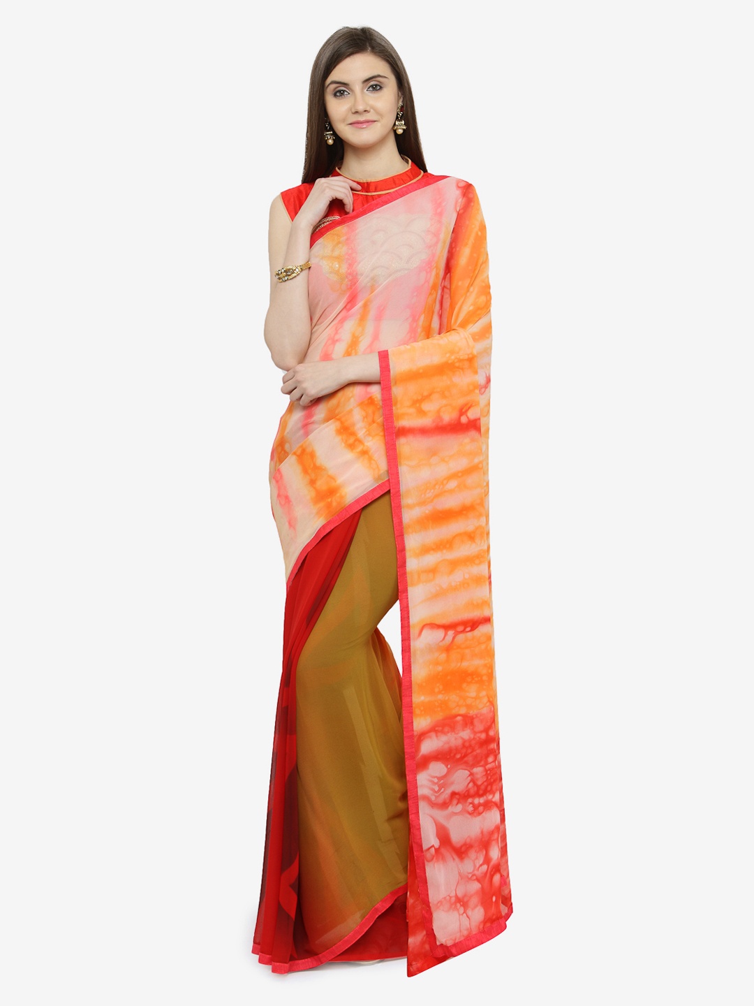 

Shaily Orange & Yellow Pure Georgette Colourblocked Saree