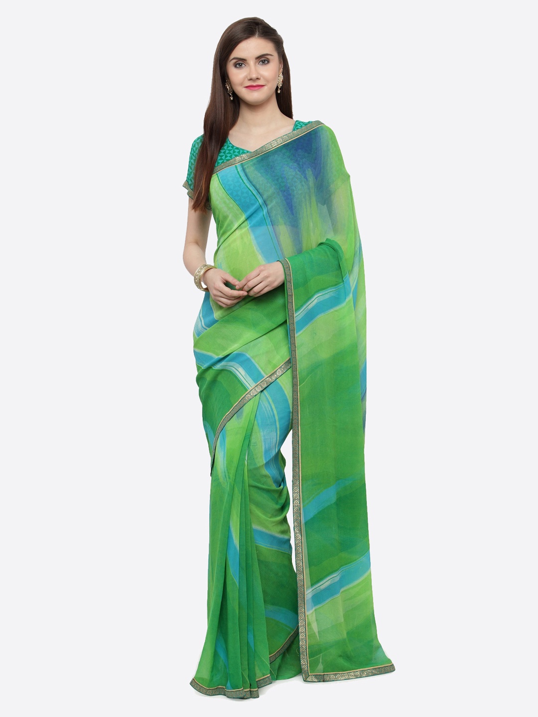 

Shaily Green Striped Pure Georgette Saree