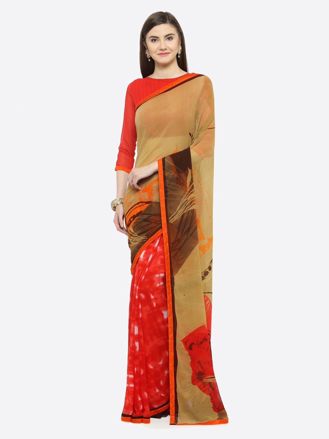 

Shaily Beige & Red Pure Georgette Printed Saree