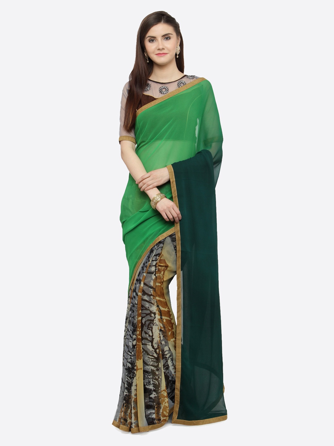 

Shaily Green & Brown Pure Georgette Printed Saree