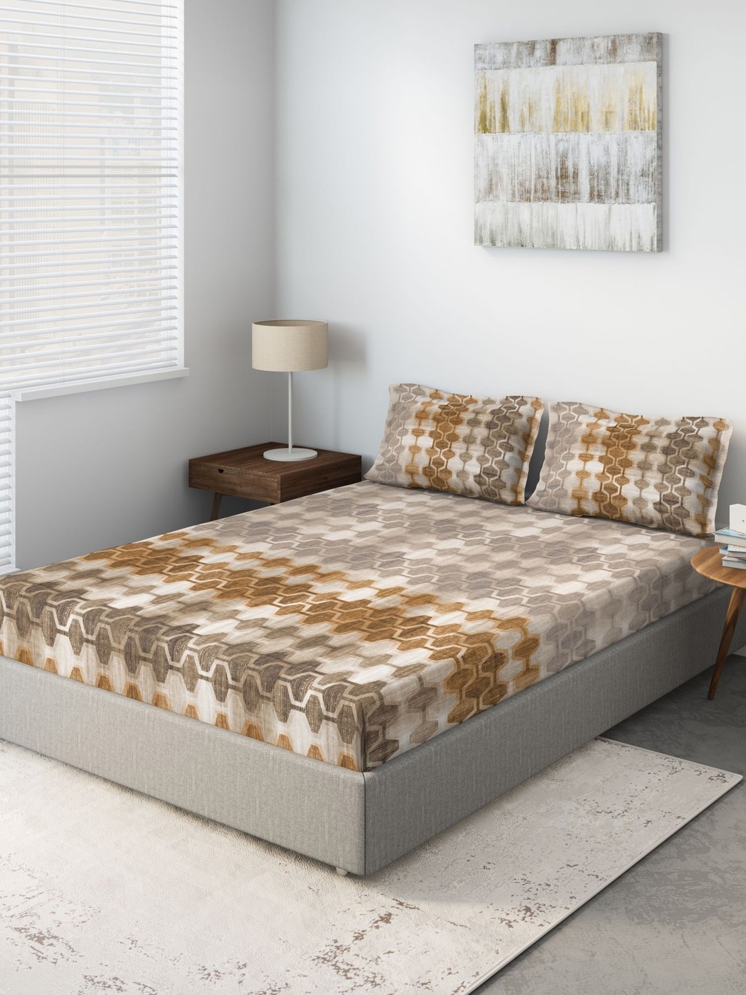

DDecor Brown & White Abstract 140 TC Cotton 1 Queen Bedsheet with 2 Pillow Covers