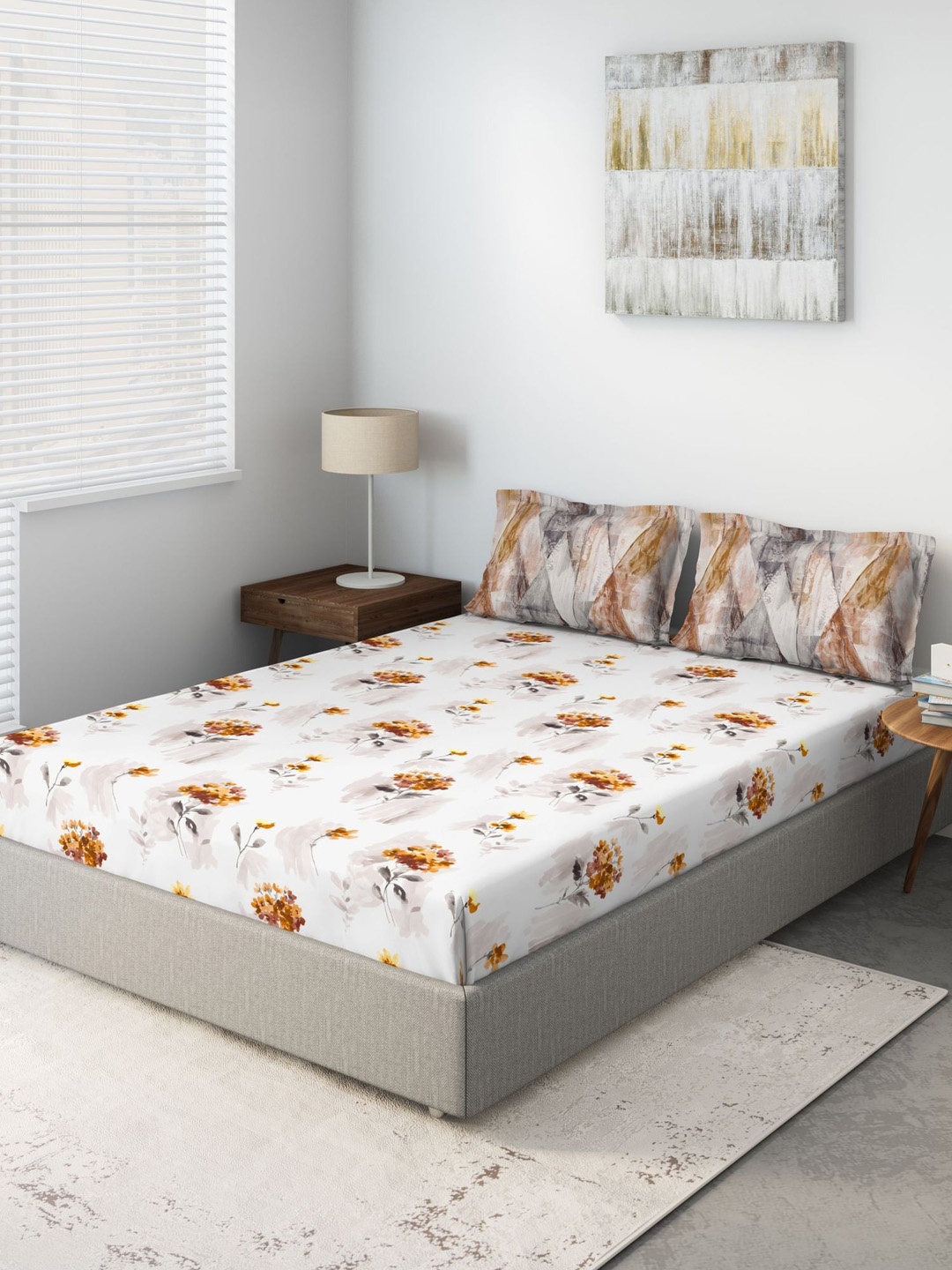 

DDecor Beige Floral 140 TC Cotton 1 Queen Bedsheet with 2 Pillow Covers