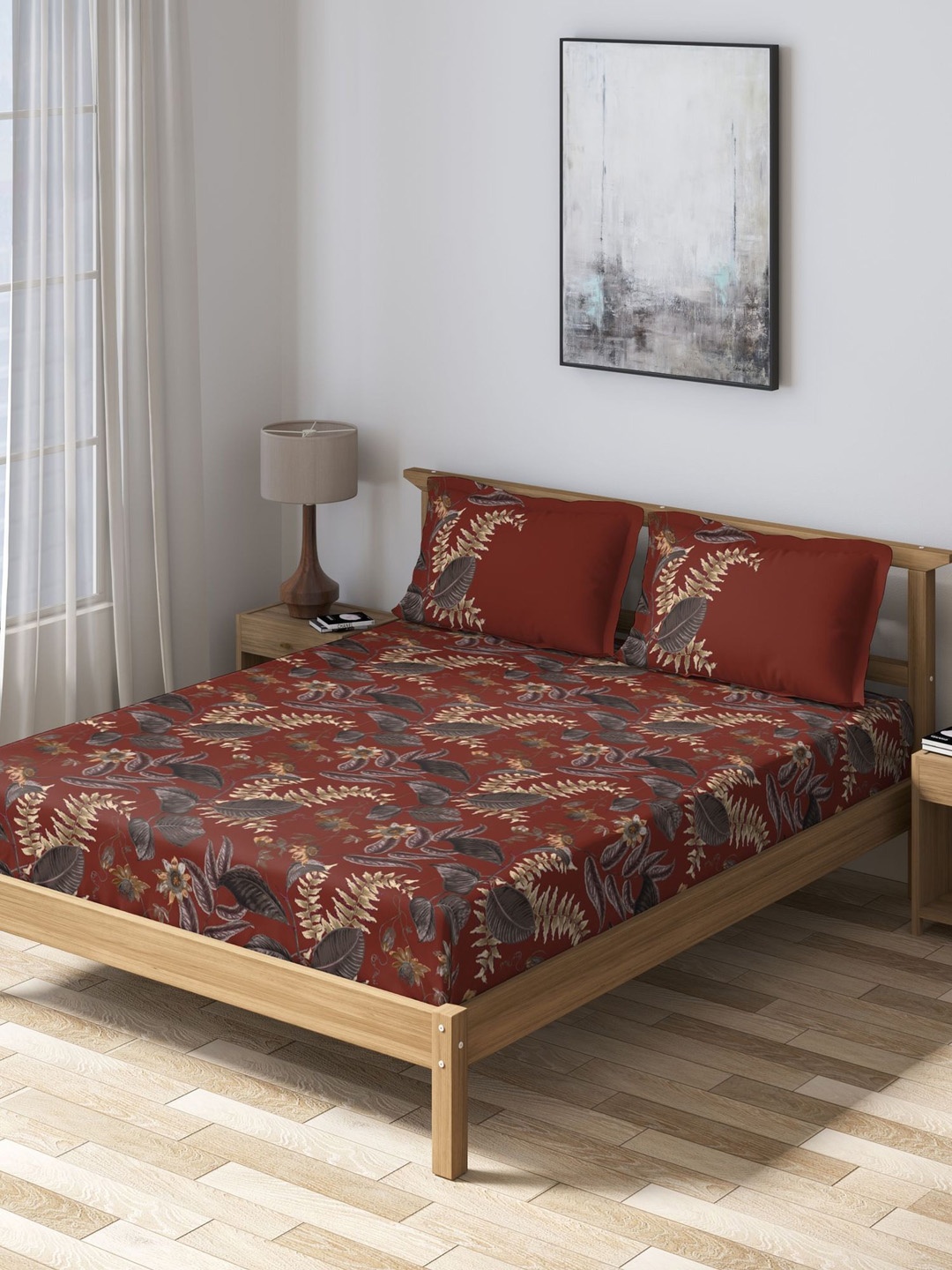 

DDecor Rust Red Floral 150 TC Cotton 1 King Bedsheet with 2 Pillow Covers