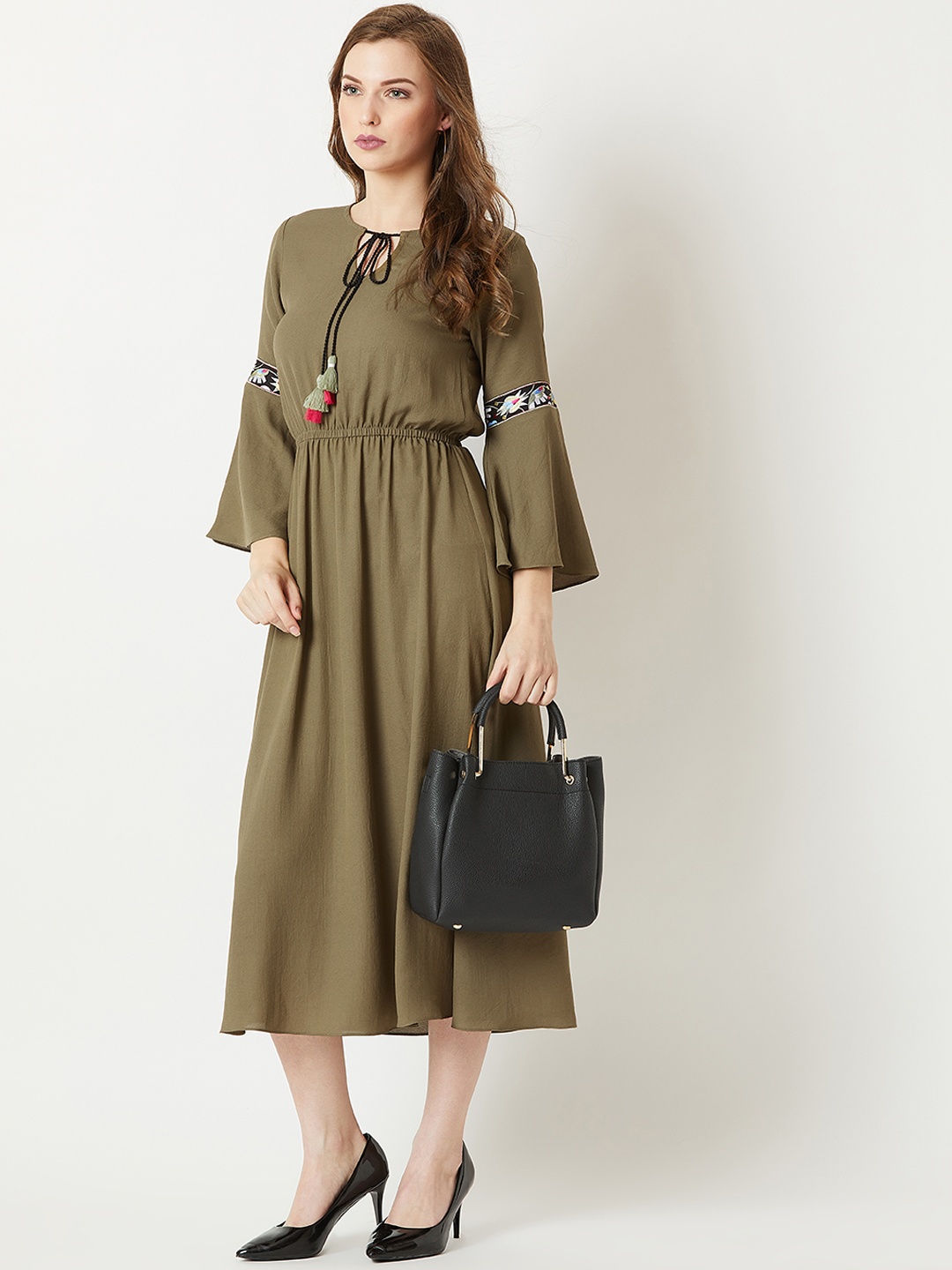 

Miss Chase Women Green Printed Empire Dress with Embroidered Sleeves