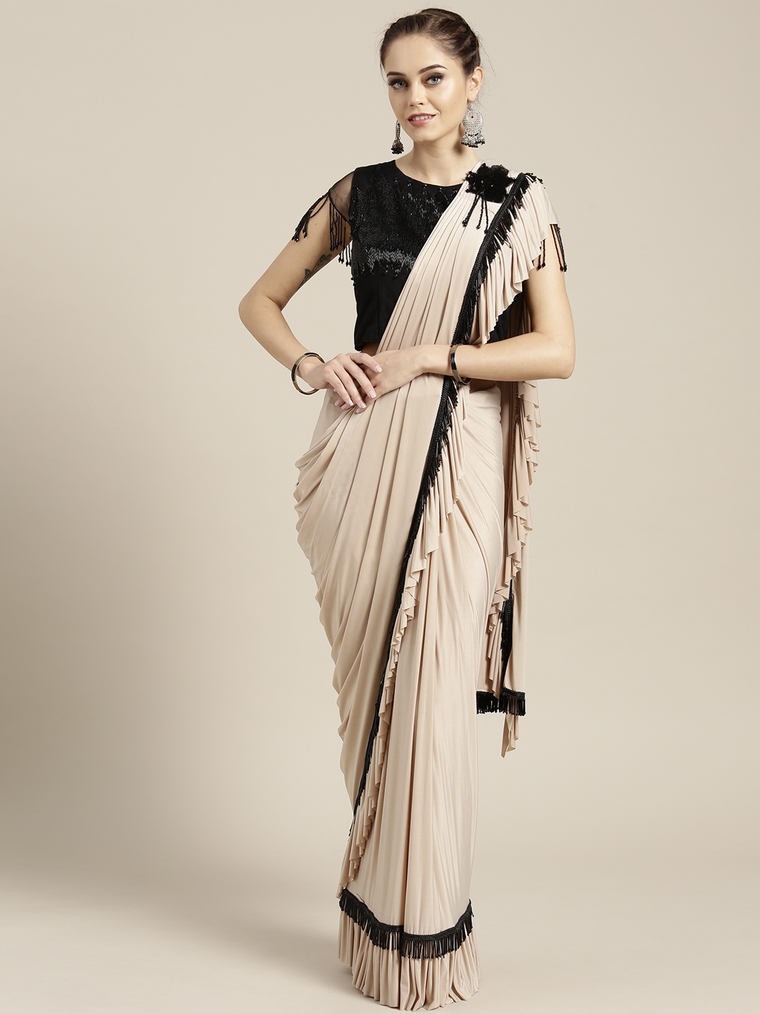 

Chhabra 555 Beige & Black Embellished Ruffled Ready to Wear Saree