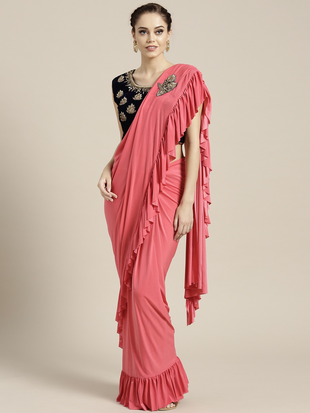 

Chhabra 555 Pink Solid Ruffled Ready to Wear Saree