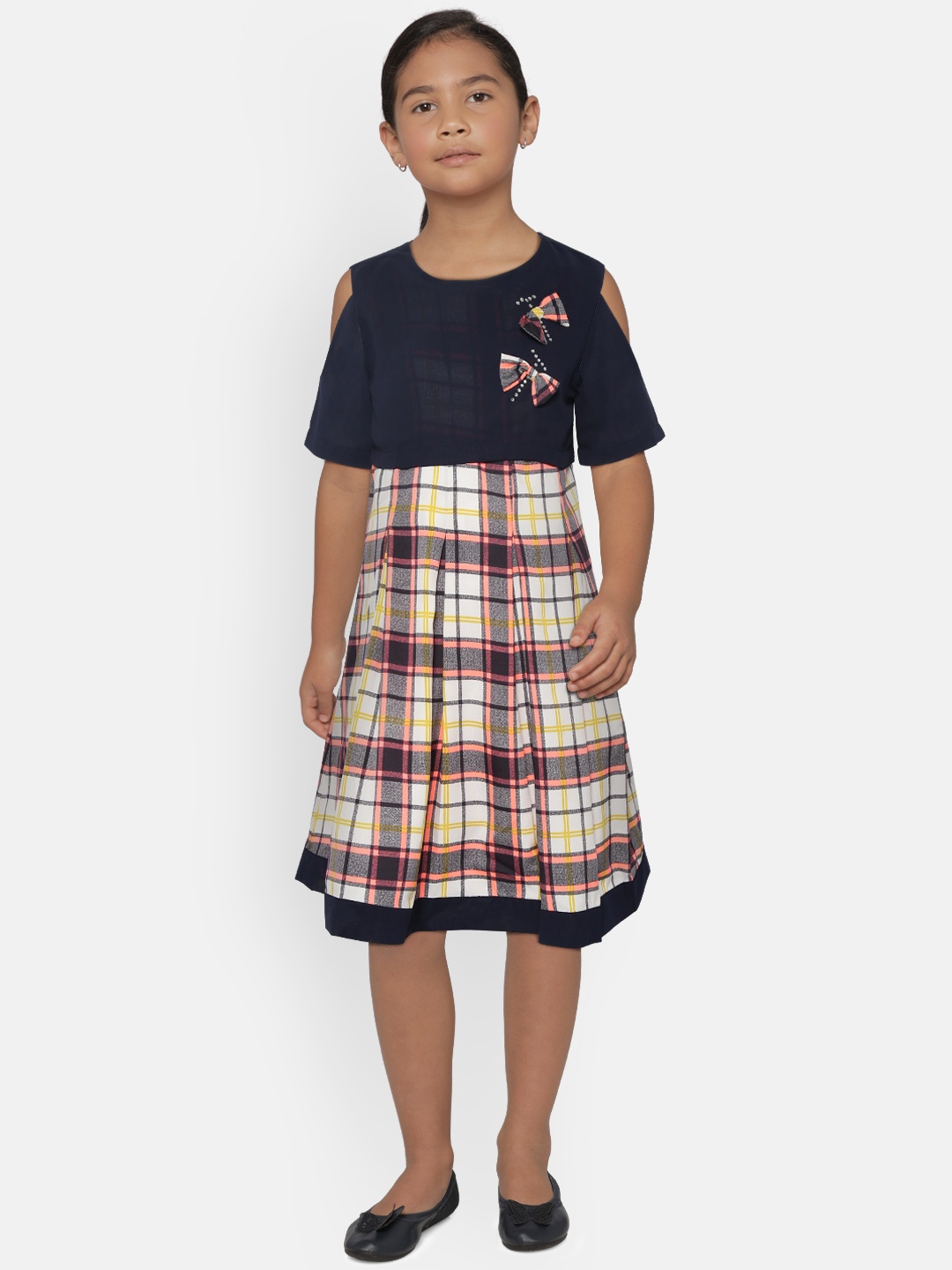 

Natilene Girls Navy Blue & Off-White Checked A-Line Dress with Layer