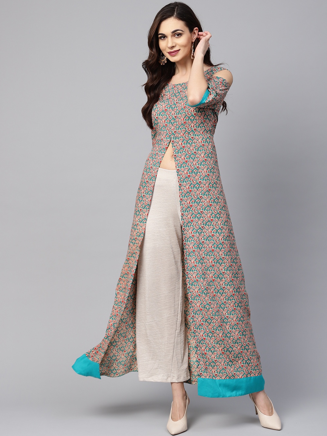 

Myshka Women Green & Beige Printed High-Slit A-Line Kurta