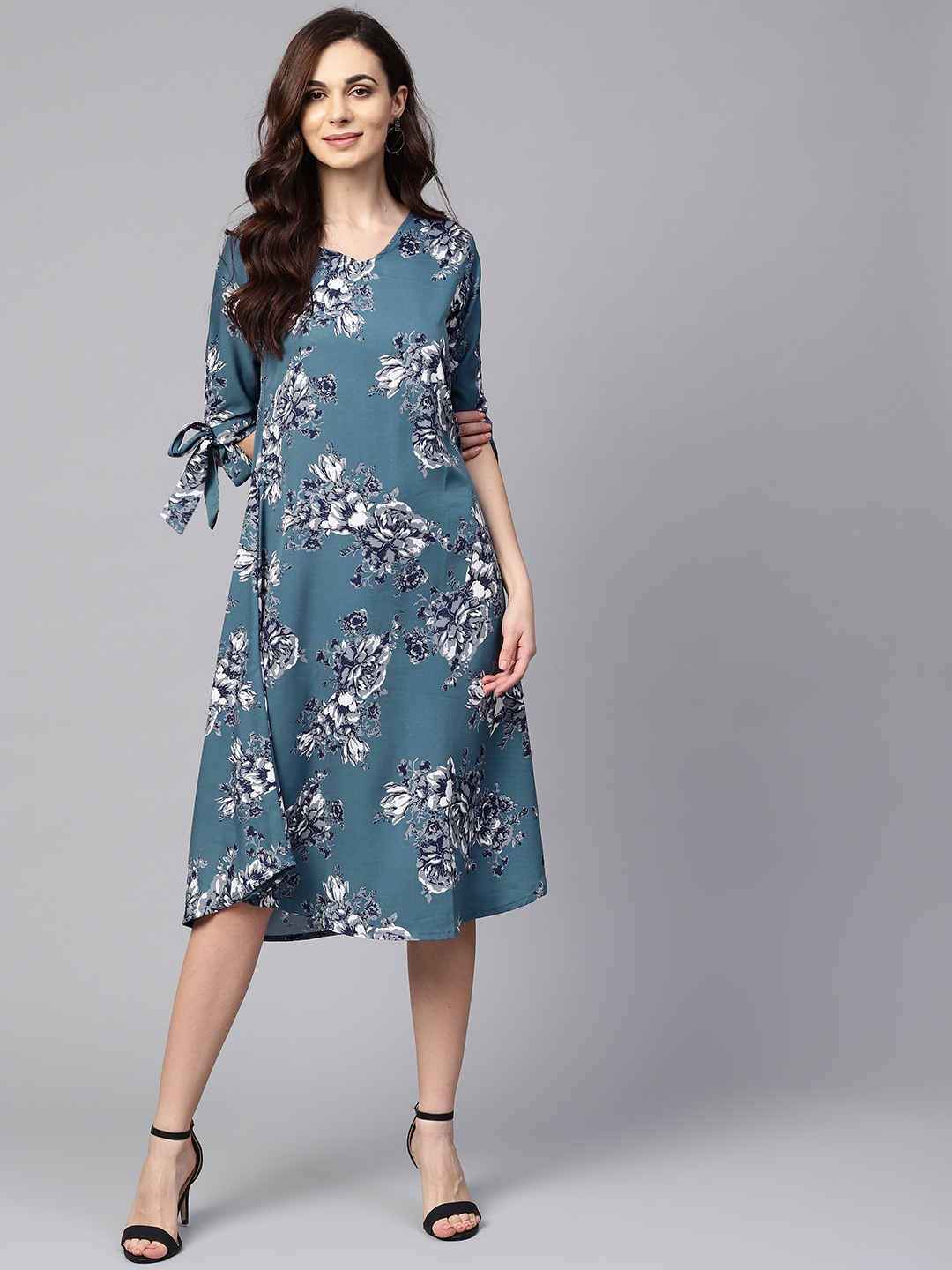 

Myshka Women Teal Blue & Grey Printed A-line Dress