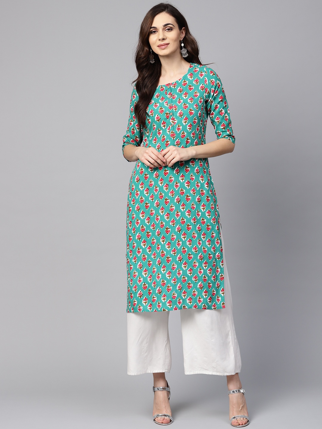 

Myshka Women Green & Pink Printed Straight Kurta