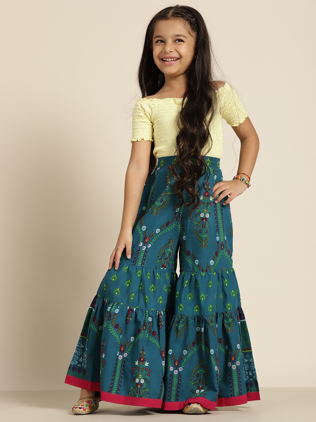

Sangria Girls Green & Yellow Printed Flared Sharara