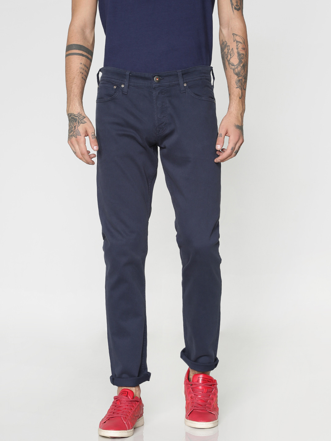 

Jack & Jones Men Navy Blue Glenn Slim Fit Solid Regular Trousers