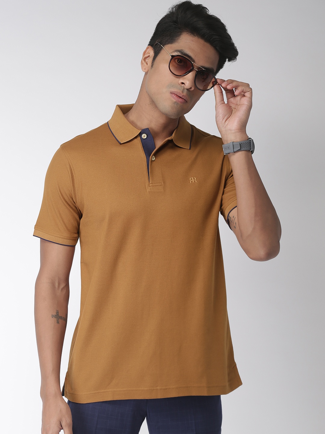 Raymond Men Mustard Brown Solid Polo Collar Pure Cotton T-shirt