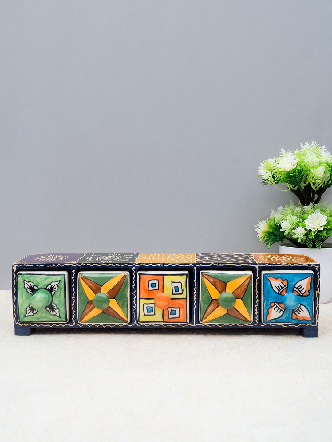 

Golden Peacock Multicoloured Wood & Ceramic 5 Drawer Trinklet Box, Multi