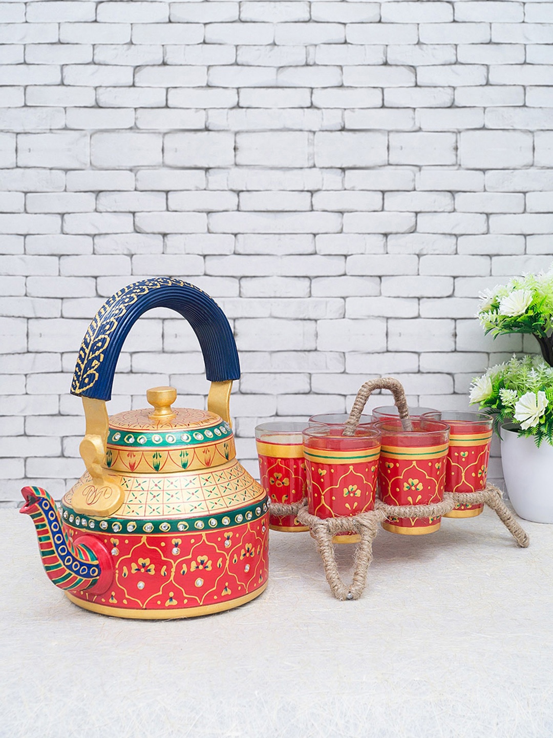 

Golden Peacock Multicolour 8 Pieces Floral Printed Stainless Steel Kettle Glasses & Holder, Multi