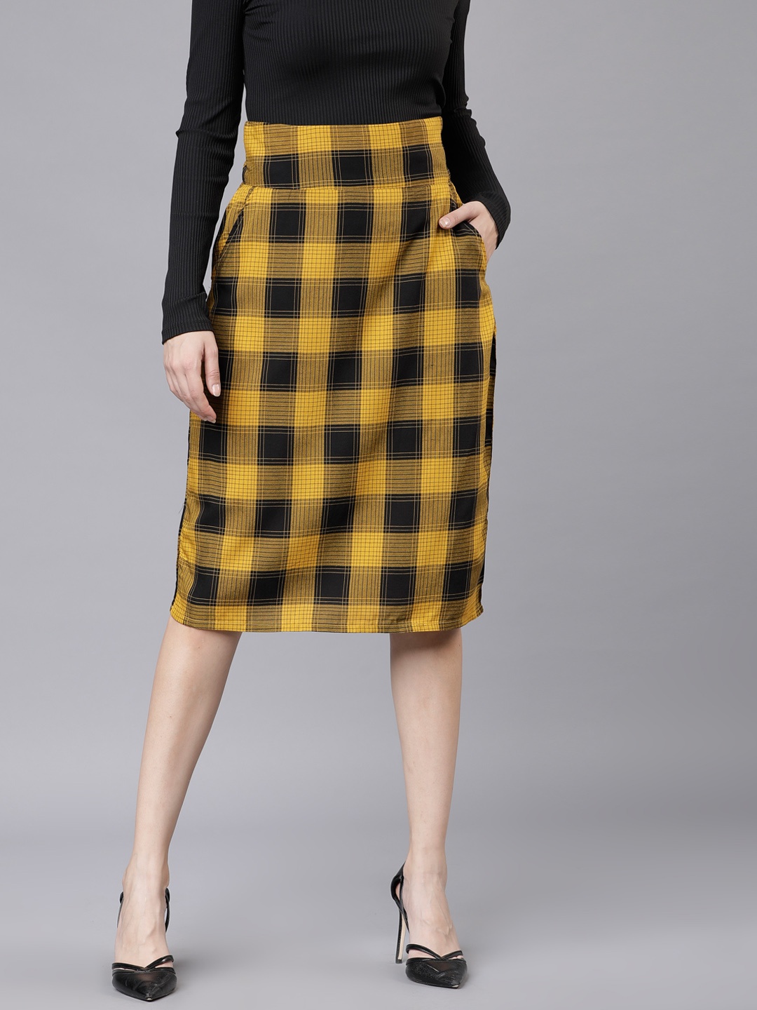 

Tokyo Talkies Women Mustard Yellow & Black Checked Straight Skirt