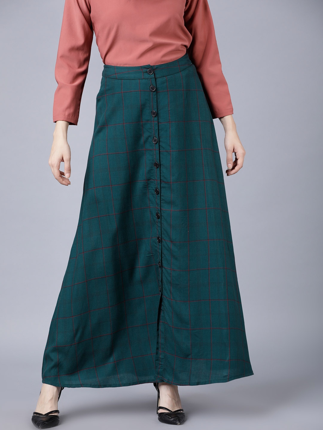 

Tokyo Talkies Women Green Checked Flared Maxi Skirt