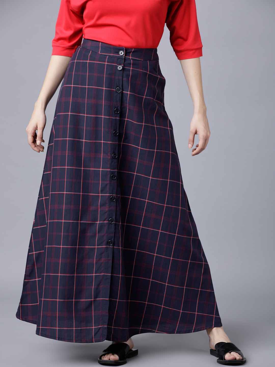

Tokyo Talkies Women Navy Blue Checked Flared Maxi Skirt