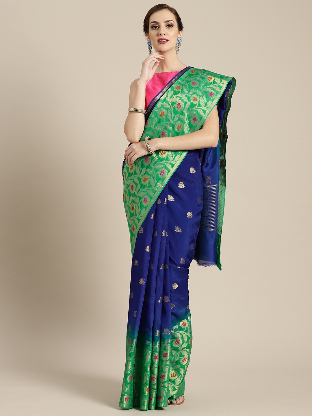 

Geroo Jaipur Blue & Green Silk Blend Woven Design Banarasi Saree