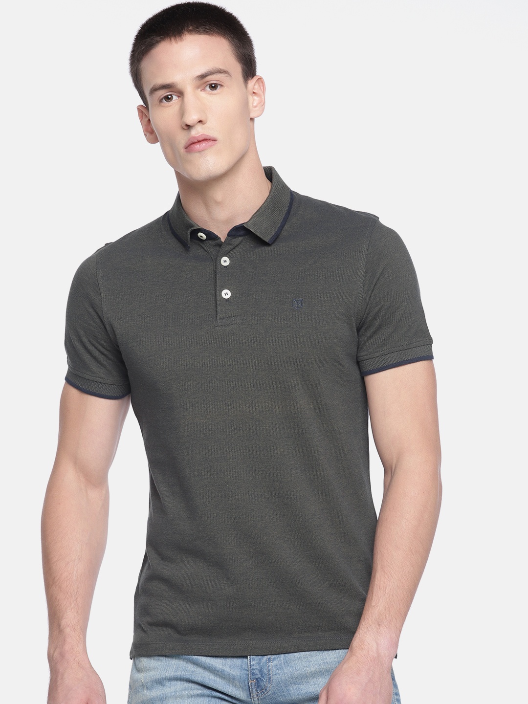 

Jack Jones Men Olive Green Navy Blue Solid Polo Collar Pure Cotton T-shirt