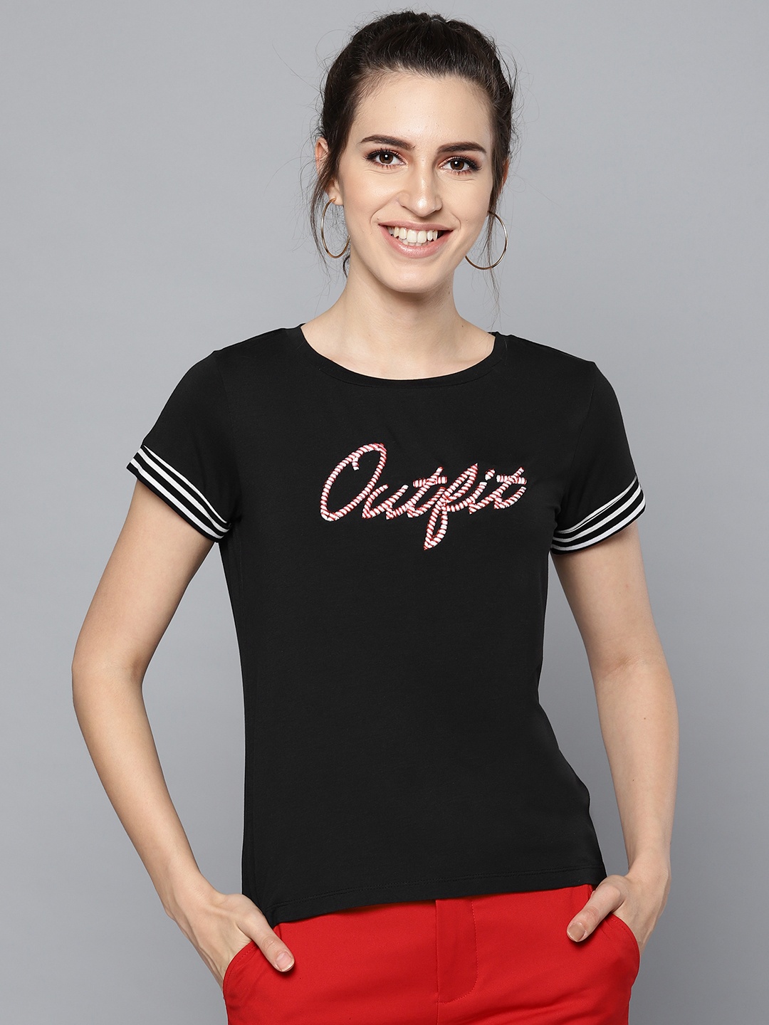 

STREET 9 Women Black Solid Round Neck T-shirt with Embroidered Detail