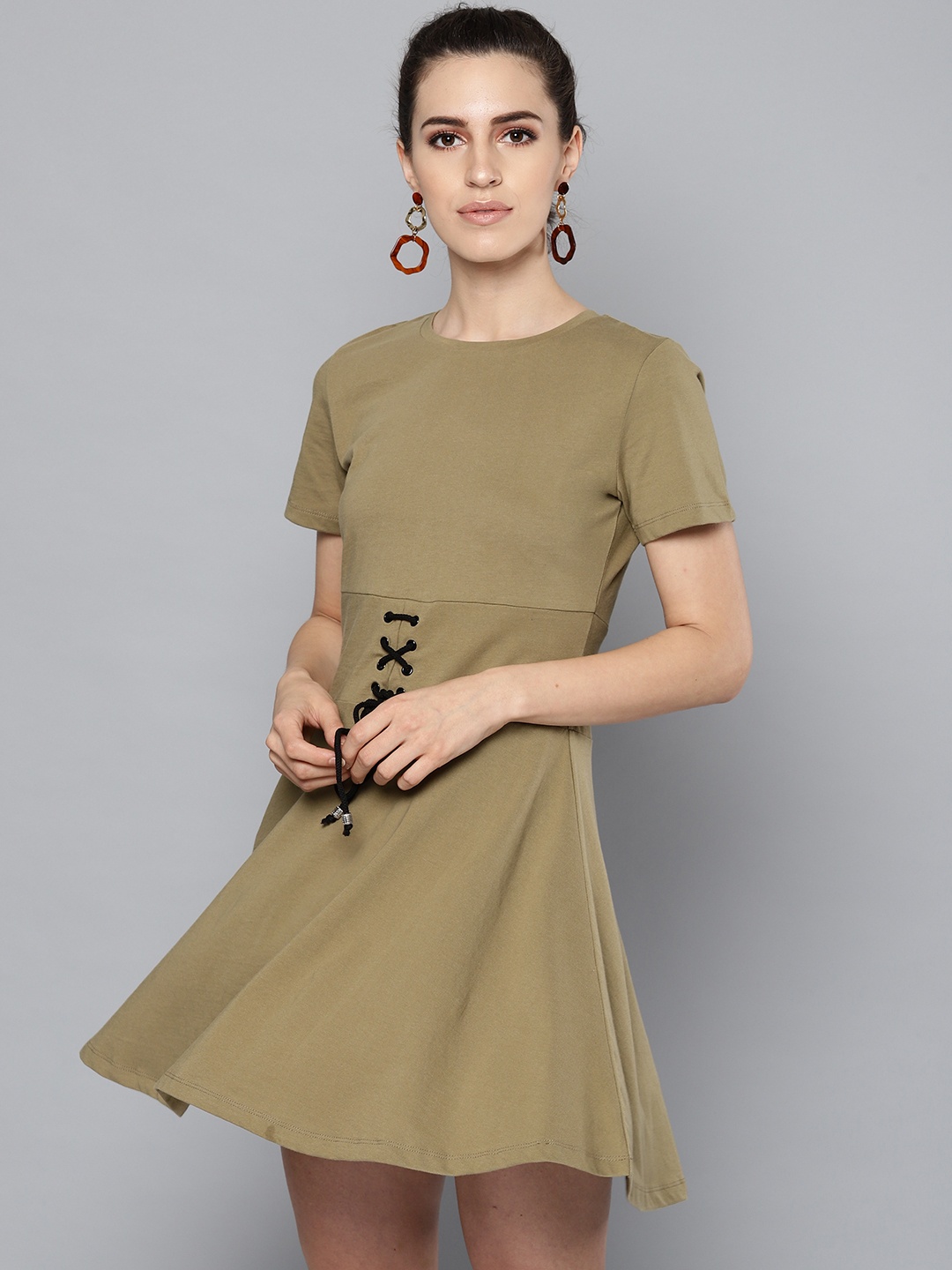 

STREET 9 Women Olive Green Solid Fit & Flare Dress