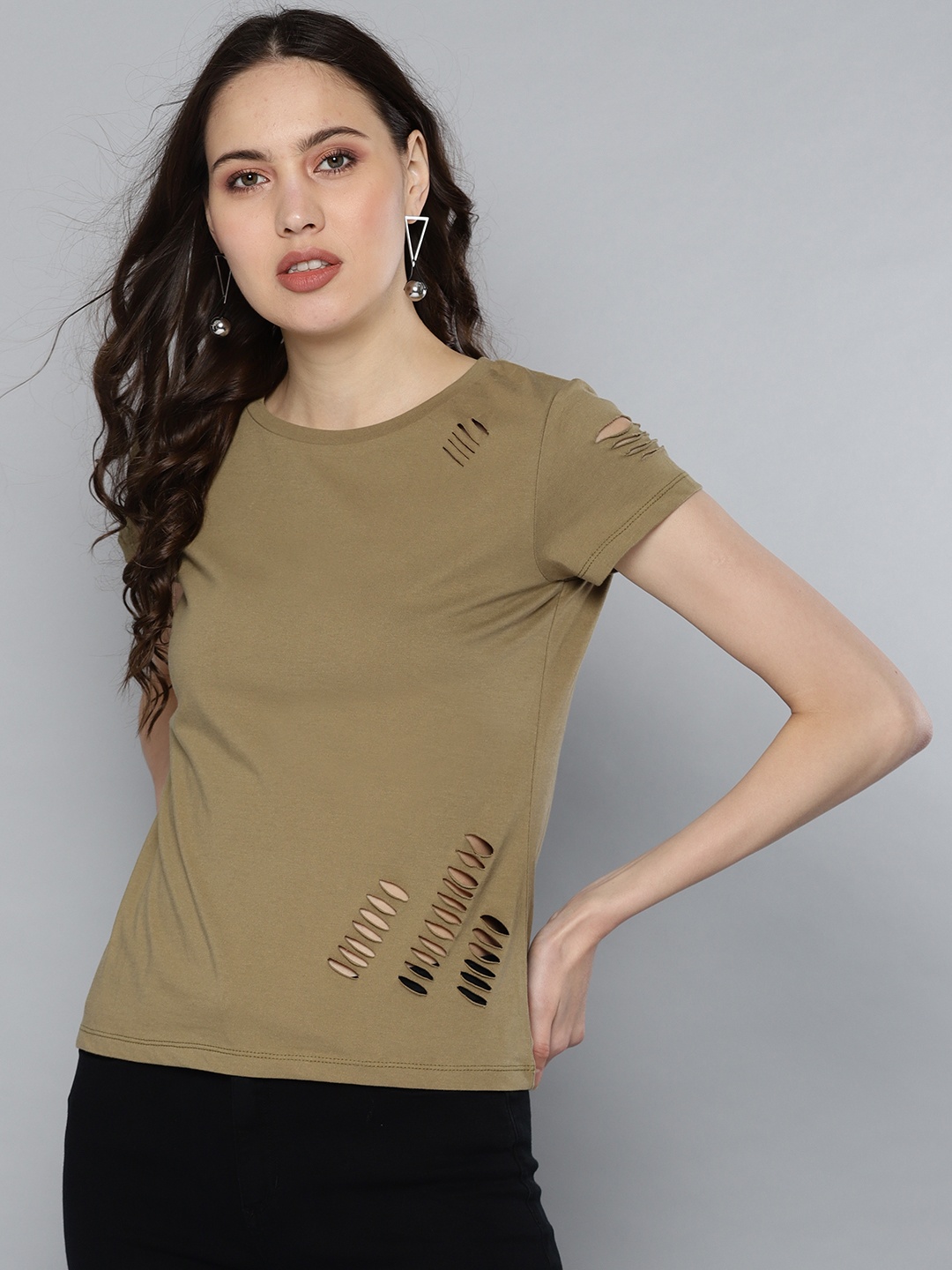 

STREET 9 Women Olive Green Solid Ripped Round Neck T-shirt