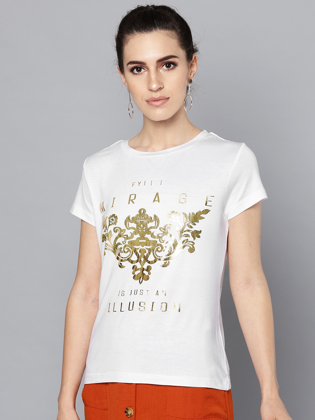 

STREET 9 Women White & Golden Printed Round Neck T-shirt