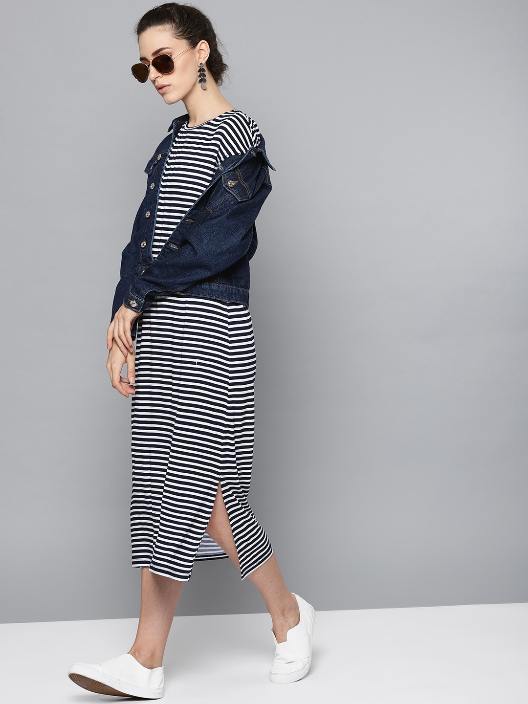 

STREET 9 Women Navy Blue & White Striped T-shirt Dress