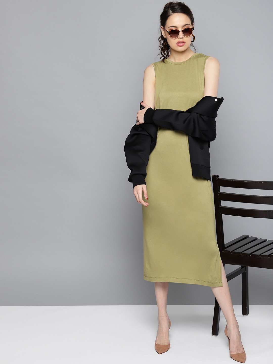 

STREET 9 Women Olive Green Solid Midi Sheath Dress