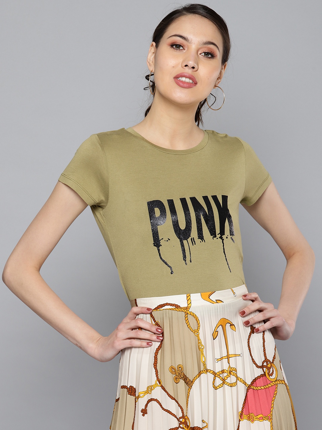 

STREET 9 Women Olive Green Printed T-shirt