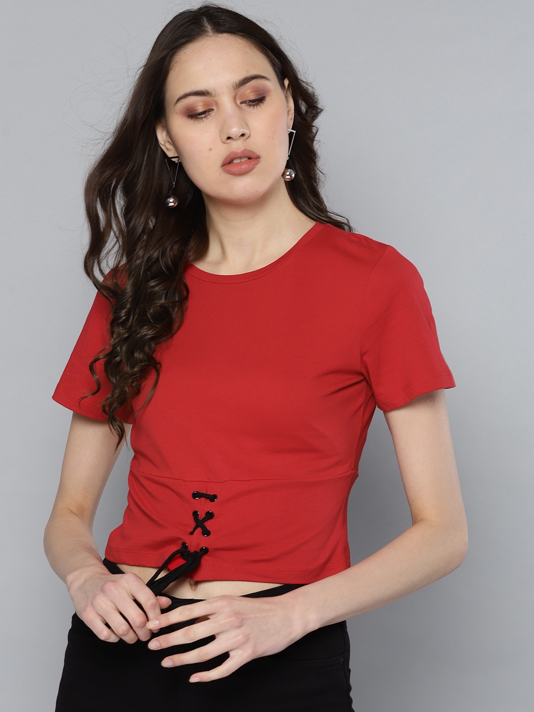 

STREET 9 Women Red Solid Pure Cotton Top