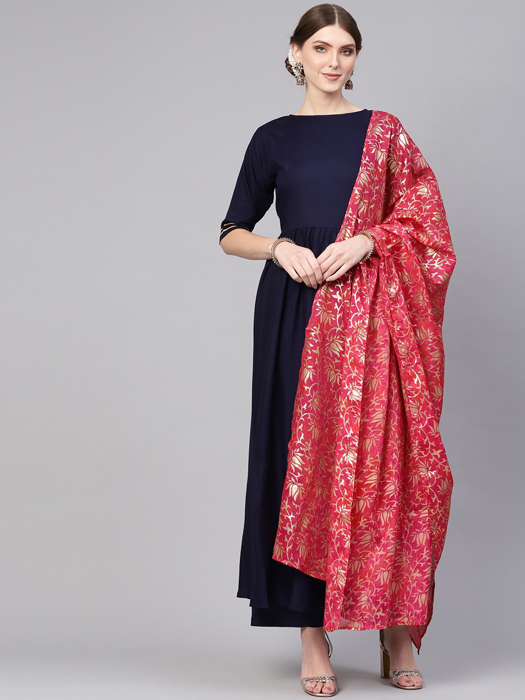 

Nayo Women Navy Blue & Pink Solid Kurta with Palazzos & Dupatta