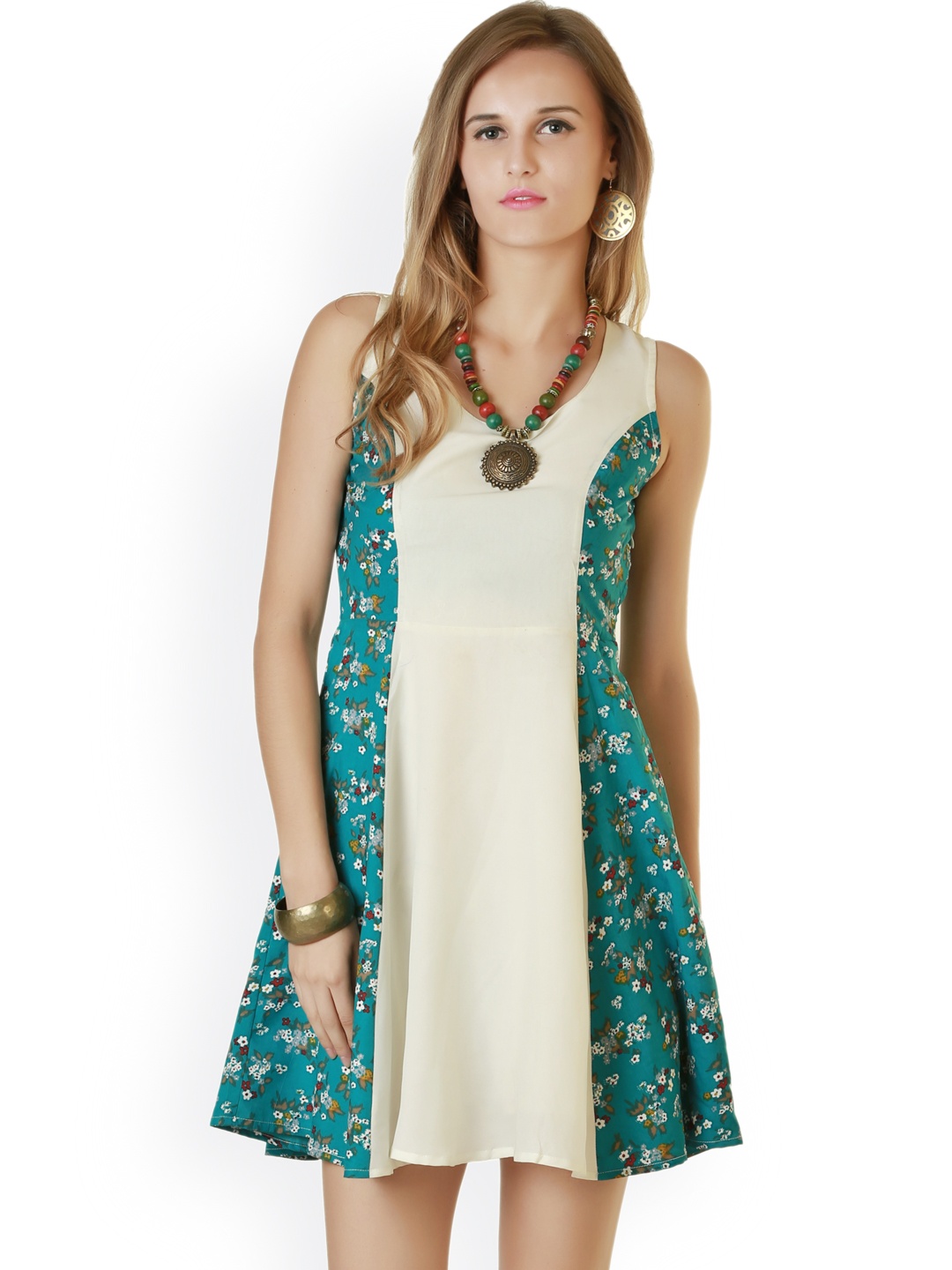 

Belle Fille Pink White & Blue Floral Print A-Line Dress