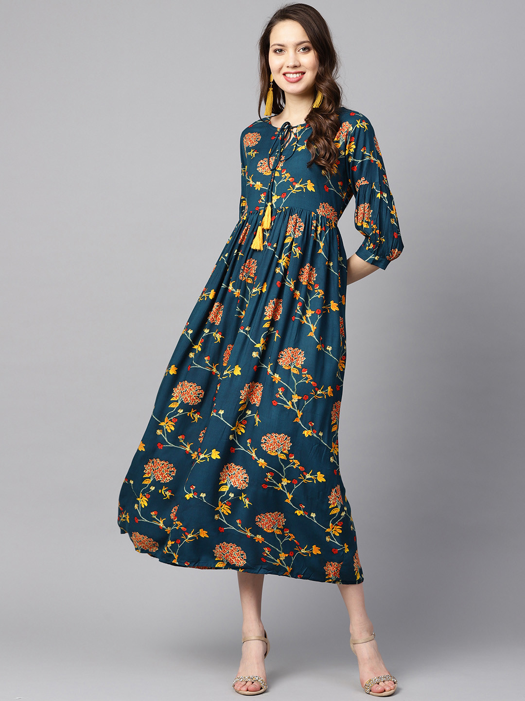 

Nayo Women Teal Blue & Orange Printed A-Line Dress