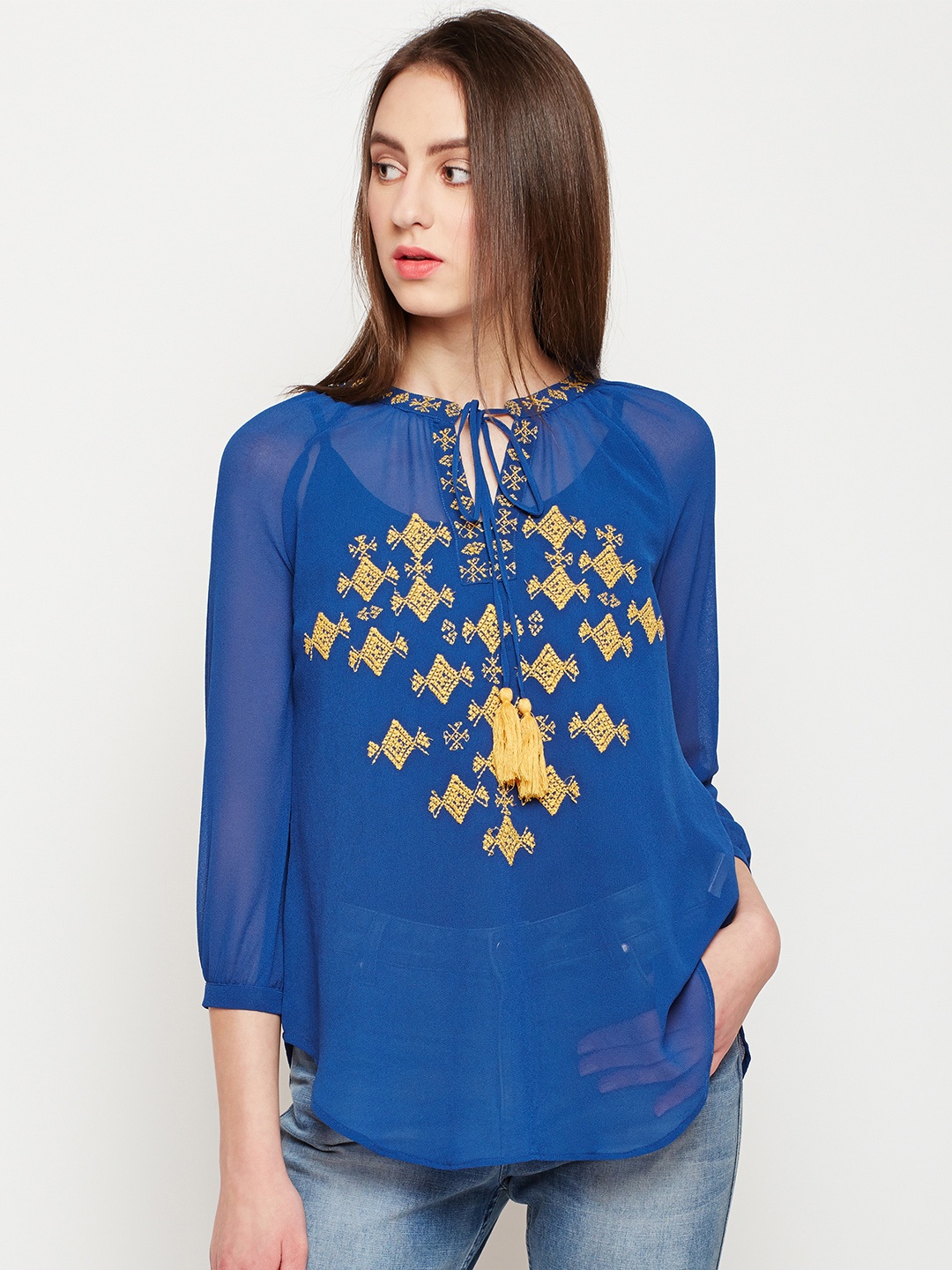 

Oxolloxo Blue & Yellow Geometric Embroidered Tie-Up Neck Top