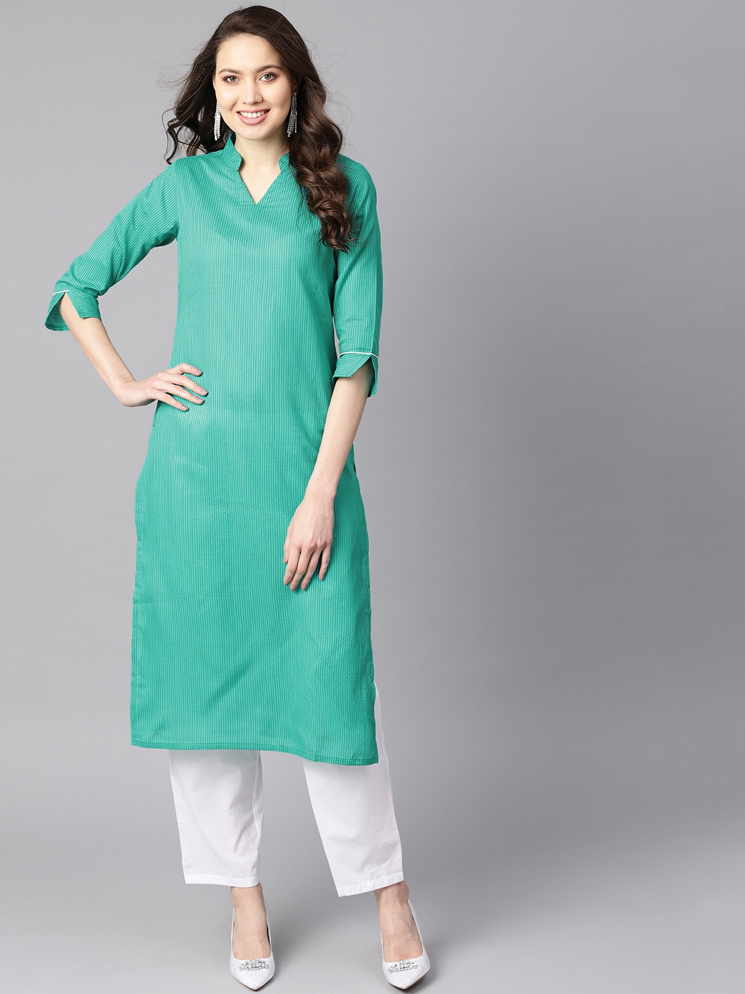 

AASI - HOUSE OF NAYO Women Green & White Solid Kurta with Trousers