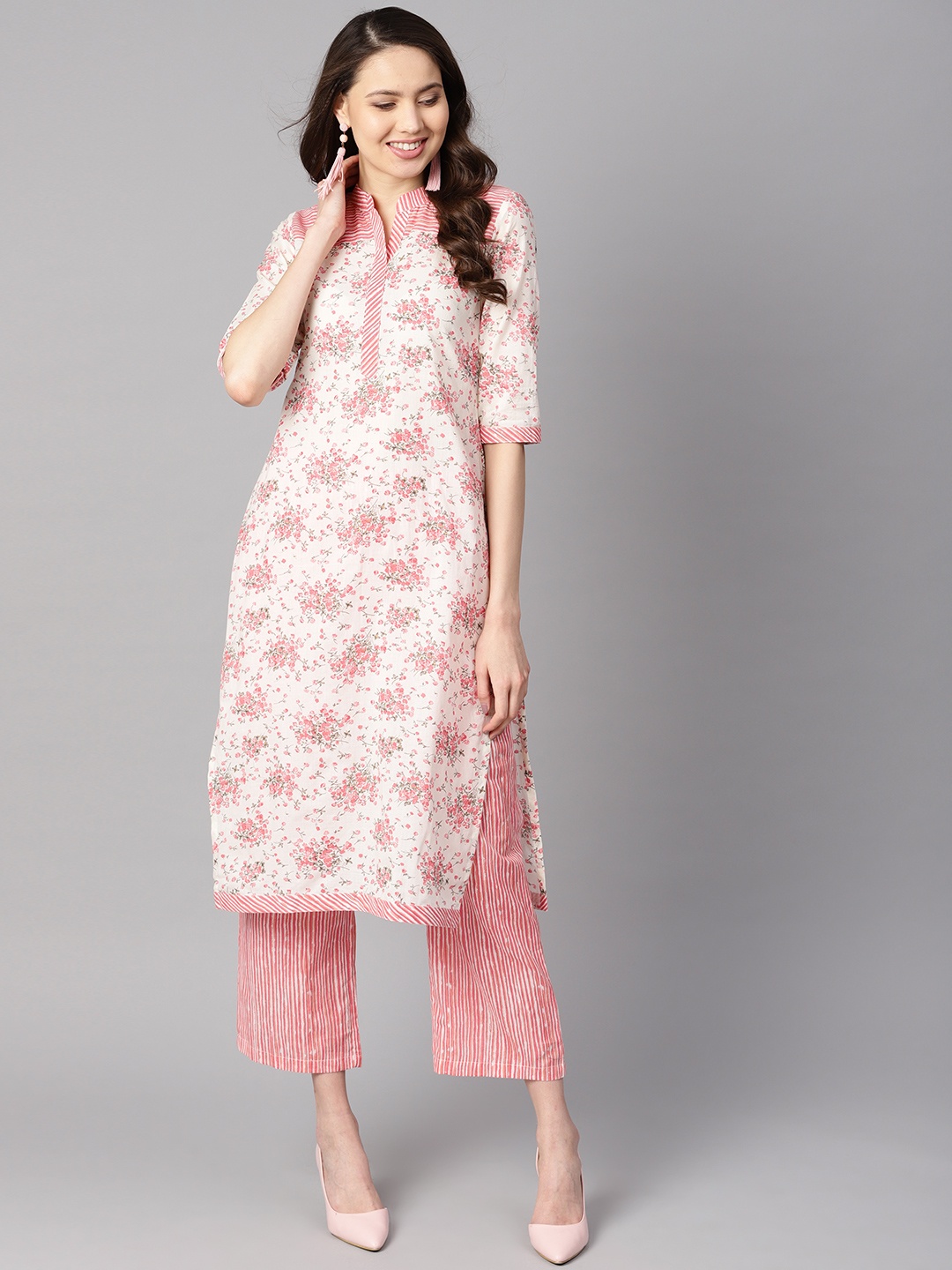 

AASI - HOUSE OF NAYO Women Off-White & Pink Printed Kurta with Palazzos