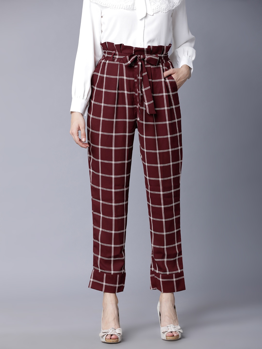 

Tokyo Talkies Women Maroon & White Regular Fit Checked Regular Trousers