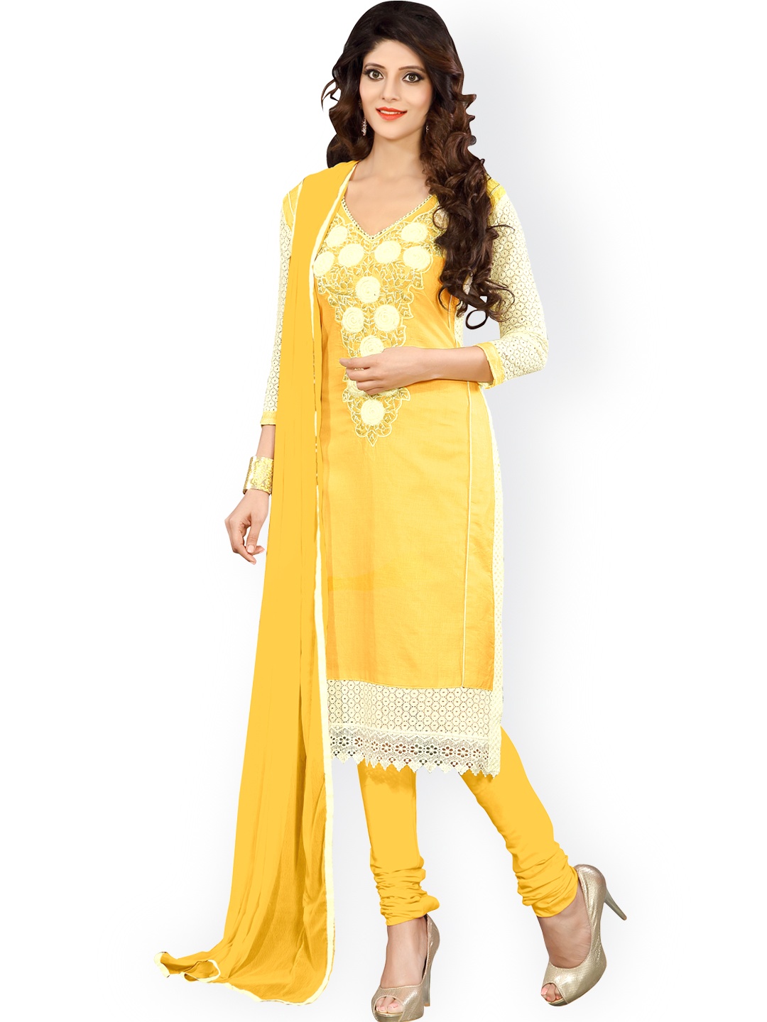 

Blissta Yellow Embroidered Cotton Unstitched Dress Material
